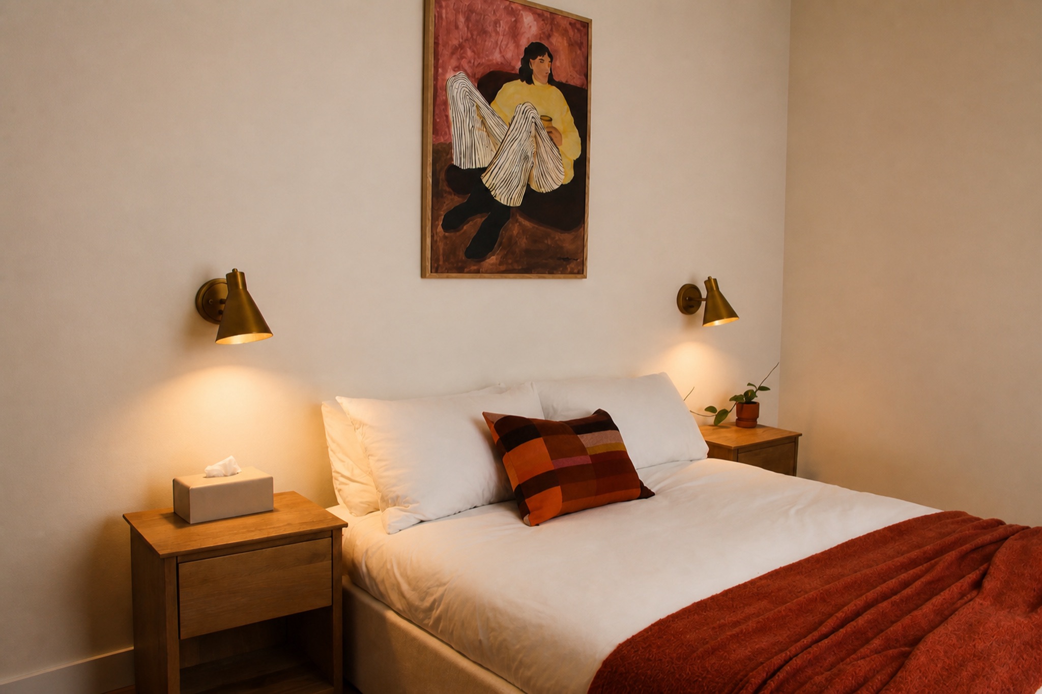 Norma cabin bedroom with white bedding, warm reading lights, and colorful artwork