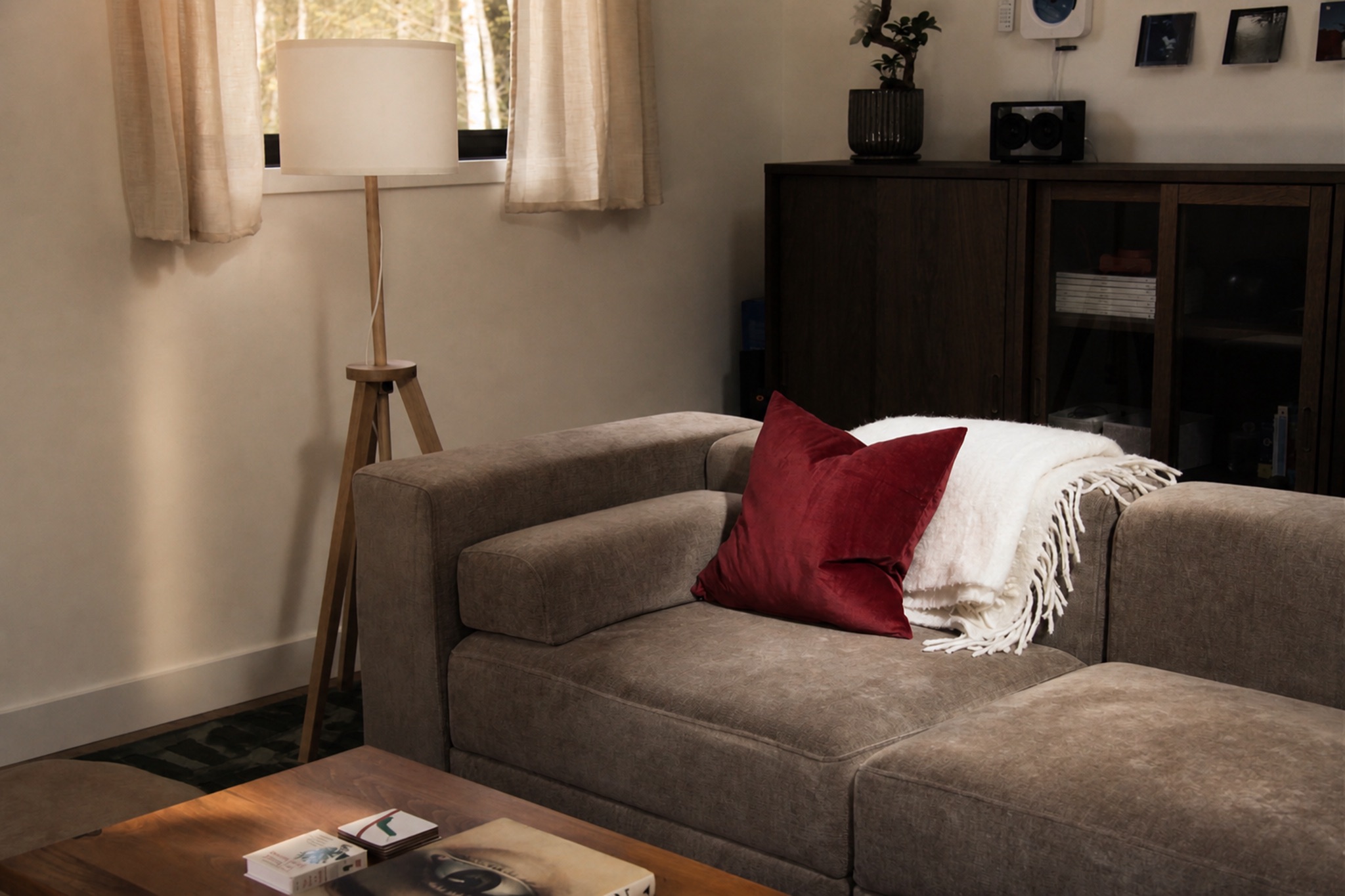Norma cabin living room with a sofa, floor lamp, and record collection